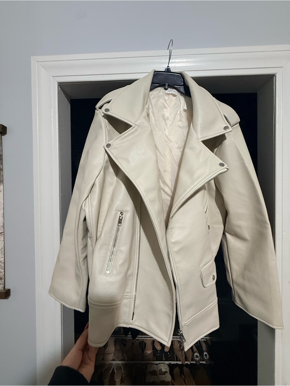 Womens Off-White Faux Leather Moto Jacket
